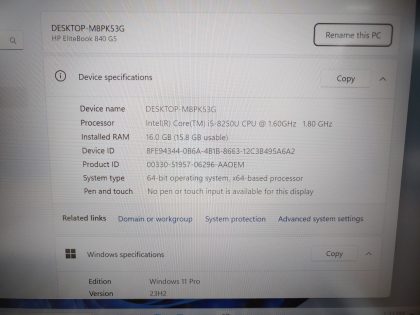 we have added actual images to this listing of the HP EliteBook you would receive. Clean install of Windows 11 Pro Operating system. May have some minor scratches/dents/scuffs.[ What is included: HP EliteBook + Power Adapter + 30-Day Warranty Included ]Item Specifics: MPN : EliteBook 840 G5UPC : N/AType : LaptopBrand : HPProduct Line : EliteBookModel : EliteBook 840 G5Operating System : Windows 11 Pro x64Screen Size : 14-inchProcessor Type : Intel Core i5-8250U 8th GenProcessor Speed : 1.60GHz / 1.80GHzGraphics Processing Type : Intel(R) UHD Graphics 620Memory : 16GBHard Drive Capacity : 256GB SSD - 3