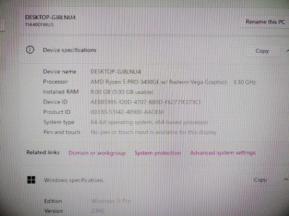 we have added actual images to this listing of the Lenovo ThinkCentre you would receive. Clean install of Windows 11 Pro Operating system. May have some minor scratches/dents/scuffs. [ What is included: Lenovo ThinkCentre + Power Adapter + HDMI Cable + 30-Day Warranty Included ]Item Specifics: MPN : ThinkCentre M75q-1UPC : N/ABrand : LenovoProduct Line : ThinkCentreModel : ThinkCentre M75q-1Operating System : Windows 11 Pro x64Screen Size : N/AProcessor Type : AMD Ryzen 5 PRO 3400GE w/ Radeon Vega GraphicsProcessor Speed : 3.30GHzGraphics Processing Type : AMD Radeon(TM) Vega 11 GraphicsMemory : 8GBHard Drive Capacity : 256GB SSDType : Desktop - 2