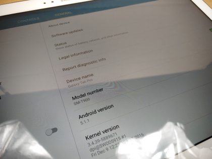Good Condition! (NO CHARGER OR CABLE INCLUDED) There is a few very faint light scratches on the screen that are hardly noticable. Has been reset and ready to go!Item Specifics: MPN : SM-T900UPC : N/ABrand : SamsungType : TabletProduct Line : Galaxy Tab PROOperating System : Android 5.1.1Screen Size : 12.2"Storage Capacity : 32 GBColor : WhiteModel : SM-T900Carrier : N/AContract : N/AInternet Connectivity : Wi-Fi - 9