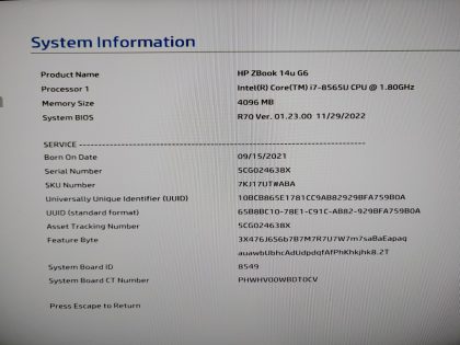 we have added actual images to this listing of the HP ZBook you would receive. **NO POWER ADAPTER / NO SSD or HDD/CADDY/CABLE  / NO OS / NO BATTERY**Item Specifics: MPN : ZBook 14u G6UPC : N/AType : LaptopBrand : HPProduct Line : ZBookModel : ZBook 14u G6Operating System : N/AScreen Size : 14-inch TouchscreenProcessor Type : Intel Core i7-8565U 8th GenProcessor Speed : 1.80GHzGraphics Processing Type : Intel(R) UHD Graphics 620Memory : 4GBHard Drive Capacity : N/A - 5