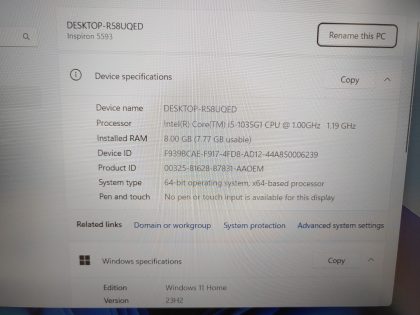 we have added actual images to this listing of the Dell Inspiron you would receive. Clean install of Windows 11 Home Operating system. May have some minor scratches/dents/scuffs. [ What is included: Dell Inspiron ]Item Specifics: MPN : Inspiron 5593UPC : N/AType : LaptopBrand : DellProduct Line : InspironModel : Inspiron 5593Operating System : Windows 11 Home x64Screen Size : 15.6"Processor Type : Intel Core i5-1035G1 10th GenProcessor Speed : 1.00GHz / 1.19GHzGraphics Processing Type : Intel(R) UHD GraphicsMemory : 8GBHard Drive Capacity : 256GB NVMe SSD - 3