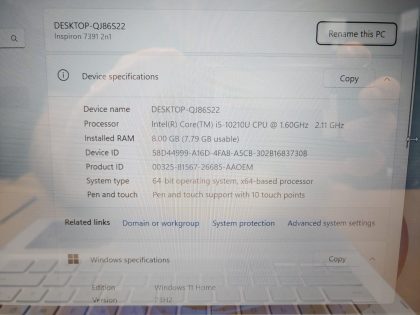 we have added actual images to this listing of the Dell Inspiron you would receive. Clean install of Windows 11 Home Operating system. May have some minor scratches/dents/scuffs.[ What is included: Dell Inspiron + Power Adapter + 30-Day Warranty Included ]Item Specifics: MPN : Inspiron 7391 2-in-1UPC : N/AType : LaptopBrand : DellProduct Line : InspironModel : Inspiron 7391 2-in-1Operating System : Windows 11 Home x64Screen Size : 13.3" FHD TouchscreenProcessor Type : Intel Core i5-10210U 10th GenProcessor Speed : 1.60GHz / 2.11GHzGraphics Processing Type : Intel(R) UHD GraphicsMemory : 8GBHard Drive Capacity : 512GB NVMe SSD - 3