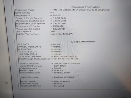 we have added actual images to this listing of the Dell Latitude you would receive.**NO POWER ADAPTER / NO SSD or HDD/CADDY/CABLE  / NO OS / NO RAM / NO BATTERY or CABLE** Item Specifics: MPN : Latitude 5501UPC : N/AType : LaptopBrand : DellProduct Line : LatitudeModel : Latitude 5501Operating System : N/AScreen Size : 15.6" FHDProcessor Type : Intel Core i7-9850H 9th GenProcessor Speed : 2.60GHzGraphics Processing Type : Intel(R) UHD GraphicsMemory : N/AHard Drive Capacity : N/A - 5