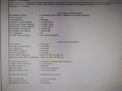 **SCREEN IS CRACKED AND ONLY OUTPUTS VIA EXTERNAL MONITOR** There is a small crack on the left side of the palmrest (View image ). The screens for the speakers in the bottom plate is blemished (View image ). Tested and Working. Boots to the BIOs. May have a few minor cosmetic scratches/scuffs. For your help