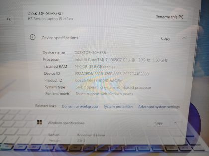 we have added actual images to this listing of the HP Pavilion you would receive. Clean install of Windows 11 Pro Operating system. May have some minor scratches/dents/scuffs.[ What is included: HP Pavilion ]Item Specifics: MPN : Pavilion 15-cs3065clUPC : N/AType : LaptopBrand : HPProduct Line : PavilionModel : Pavilion 15-cs3065clOperating System : Windows 11 Home x64Screen Size : 15.6" TouchscreenProcessor Type : Intel Core i7-1065G7 10th GenProcessor Speed : 1.30GHz / 1.50GHzGraphics Processing Type : Intel(R) Iris(R) Plus GraphicsMemory : 16GBHard Drive Capacity : 256GB SSD - 3