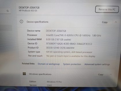 we have added actual images to this listing of the HP ProBook you would receive. Clean install of Windows 11 Pro Operating system. May have some minor scratches/dents/scuffs.[ What is included: HP ProBook ]Item Specifics: MPN : ProBook 450 G6UPC : N/AType : LaptopBrand : HPProduct Line : ProBookModel : ProBook 450 G6Operating System : Windows 11 Pro x64Screen Size : 15.6"Processor Type : Intel Core i5-8265U 8th GenProcessor Speed : 1.60GHz / 1.80GHzGraphics Processing Type : NVIDIA GeForce MX130 / Intel(R) UHD Graphics 620Memory : 8GBHard Drive Capacity : 256GB SSD - 3