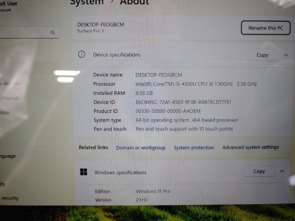 we have added actual images to this listing of the Microsoft Surface you would receive. Clean install of Windows 11 Pro Operating system. May have some minor scratches/dents/scuffs.[ What is included: Microsoft Surface ]Item Specifics: MPN : Surface Pro 3UPC : N/AType : LaptopBrand : MicrosoftProduct Line : SurfaceModel : Surface Pro 3Operating System : Windows 11 Pro x64Screen Size : 12.3" TouchscreenProcessor Type : Intel Core i5-4300U 4th GenProcessor Speed : 1.90GHz / 2.50GHzGraphics Processing Type : Intel(R) HD Graphics FamilyMemory : 8GBHard Drive Capacity : 256GB SSD - 3