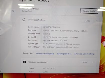 we have added actual images to this listing of the Microsoft Surface you would receive. Clean install of Windows 11 Pro Operating system. May have some minor scratches/dents/scuffs.[ What is included: Microsoft Surface + Power Adapter + 30-Day Warranty Included ]Item Specifics: MPN : 1724UPC : N/AType : LaptopBrand : MicrosoftProduct Line : SurfaceModel : Surface Pro 4 / 1724Operating System : Windows 11 Pro x64Screen Size : 12.3" TouchscreenProcessor Type : Intel Core i5-6300U 6th GenProcessor Speed : 2.40GHz / 2.50GHzGraphics Processing Type : Intel(R) HD Graphics 520Memory : 8GBHard Drive Capacity : 256GB SSD - 3