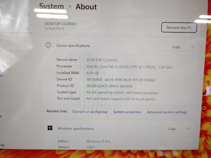 we have added actual images to this listing of the Microsoft Surface you would receive. Clean install of Windows 11 Pro Operating system. May have some minor scratches/dents/scuffs.[ What is included: Microsoft Surface  ]Item Specifics: MPN : Surface Pro 6UPC : N/AType : LaptopBrand : MicrosoftProduct Line : SurfaceModel : Surface Pro 6 / 1796Operating System : Windows 11 Pro x64Screen Size : 12.3" TouchscreenProcessor Type : Intel Core i5-8350U 8th GenProcessor Speed : 1.70GHz / 1.90GHzGraphics Processing Type : Intel(R) UHD Graphics 620Memory : 8GBHard Drive Capacity : 128GB SSD - 3