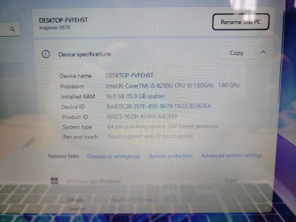 we have added actual images to this listing of the Dell Inspiron you would receive. Clean install of Windows 11 Home Operating system. May have some minor scratches/dents/scuffs.[ What is included: Dell Inspiron + Power Adapter + 30-Day Warranty Included ]Item Specifics: MPN : Inspiron 5570UPC : N/AType : LaptopBrand : DellProduct Line : InspironModel : Inspiron 5570Operating System : Windows 11 Home x64Screen Size : 15.6-inch TouchscreenProcessor Type : Intel Core i5-8250U 8th GenProcessor Speed : 1.60GHz / 1.80GHzGraphics Processing Type : Intel(R) UHD Graphics 620Memory : 16GBHard Drive Capacity : 250GB SSD - 3