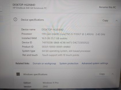 we have added actual images to this listing of the HP EliteBook you would receive. Clean install of Windows 11 Pro Operating system. May have some minor scratches/dents/scuffs.[ What is included: HP EliteBook ]Item Specifics: MPN : EliteBook 840 G8UPC : N/AType : LaptopBrand : HPProduct Line : EliteBookModel : EliteBook 840 G8Operating System : Windows 11 Pro x64Screen Size : 14-inch TouchscreenProcessor Type : Intel Core i5-1135G7 11th GenProcessor Speed : 2.40GHz / 2.42GHzGraphics Processing Type : Intel(R) Iris(R) Xe GraphicsMemory : 16GBHard Drive Capacity : 256GB SSD - 2