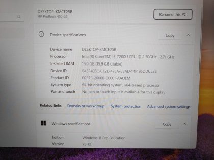 we have added actual images to this listing of the HP ProBook you would receive. Clean install of Windows 11 Pro Education Operating system. May have some minor scratches/dents/scuffs.[ What is included: HP ProBook ]Item Specifics: MPN : ProBook 450 G5UPC : N/AType : LaptopBrand : HPProduct Line : ProBookModel : ProBook 450 G5Operating System : Windows 11 Pro Education x64Screen Size : 15.6-inchProcessor Type : Intel Core i5-7200U 7th GenProcessor Speed : 2.50GHz/ 2.71GHzGraphics Processing Type : NVIDIA GeForce 930MX / Intel(R) HD Graphics 620Memory : 16GBHard Drive Capacity : 256GB SSD - 3