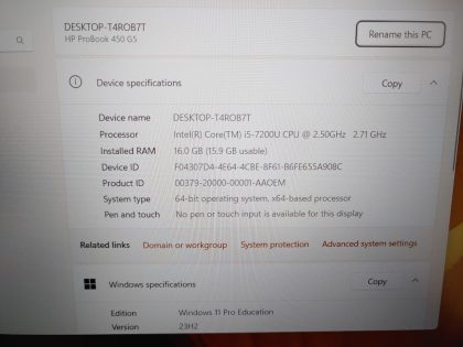 we have added actual images to this listing of the HP ProBook you would receive. Clean install of Windows 11 Pro Education Operating system. May have some minor scratches/dents/scuffs.[ What is included: HP ProBook ]Item Specifics: MPN : ProBook 450 G5UPC : N/AType : LaptopBrand : HPProduct Line : ProBookModel : ProBook 450 G5Operating System : Windows 11 Pro Education x64Screen Size : 15.6-inchProcessor Type : Intel Core i5-7200U 7th GenProcessor Speed : 2.50GHz/ 2.71GHzGraphics Processing Type : NVIDIA GeForce 930MX / Intel(R) HD Graphics 620Memory : 16GBHard Drive Capacity : 256GB SSD - 3