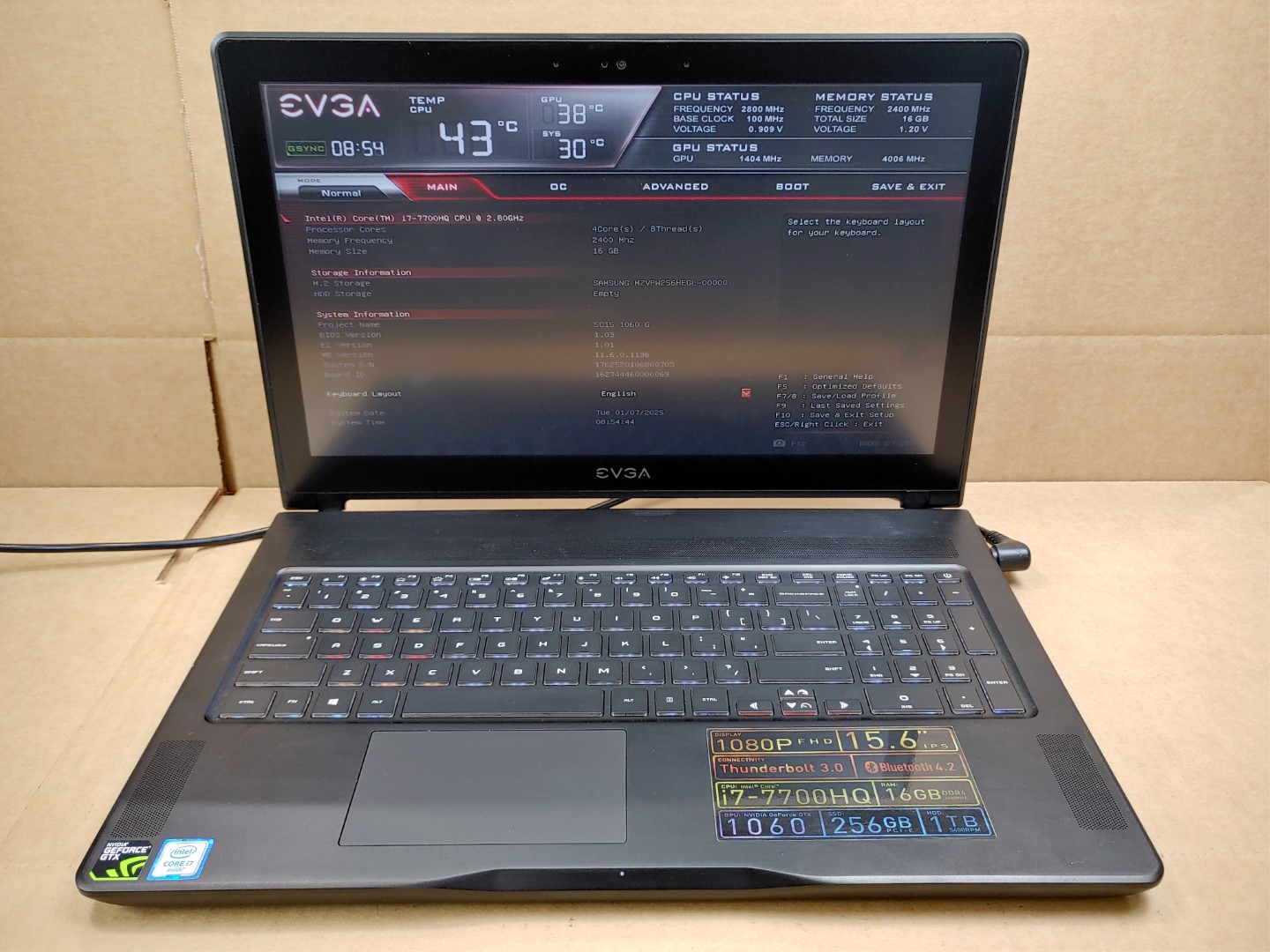 EVGA SC15 GEFORCE GTX 1060 Gaming 15.6" i7-7700HQ✔16GB✔256GB✔ **NO BATT/NO OS**