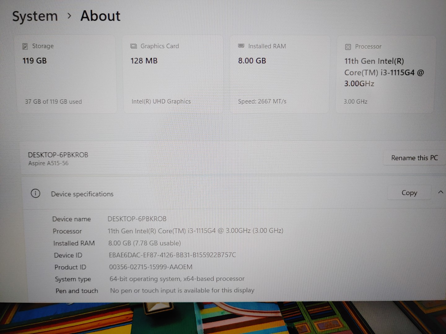 Acer Aspire 5 A515-56 15.6" Intel i3-1115G4✔8GB✔128GB NVMe✔Windows11✔ *NO A/C*** - Image 9