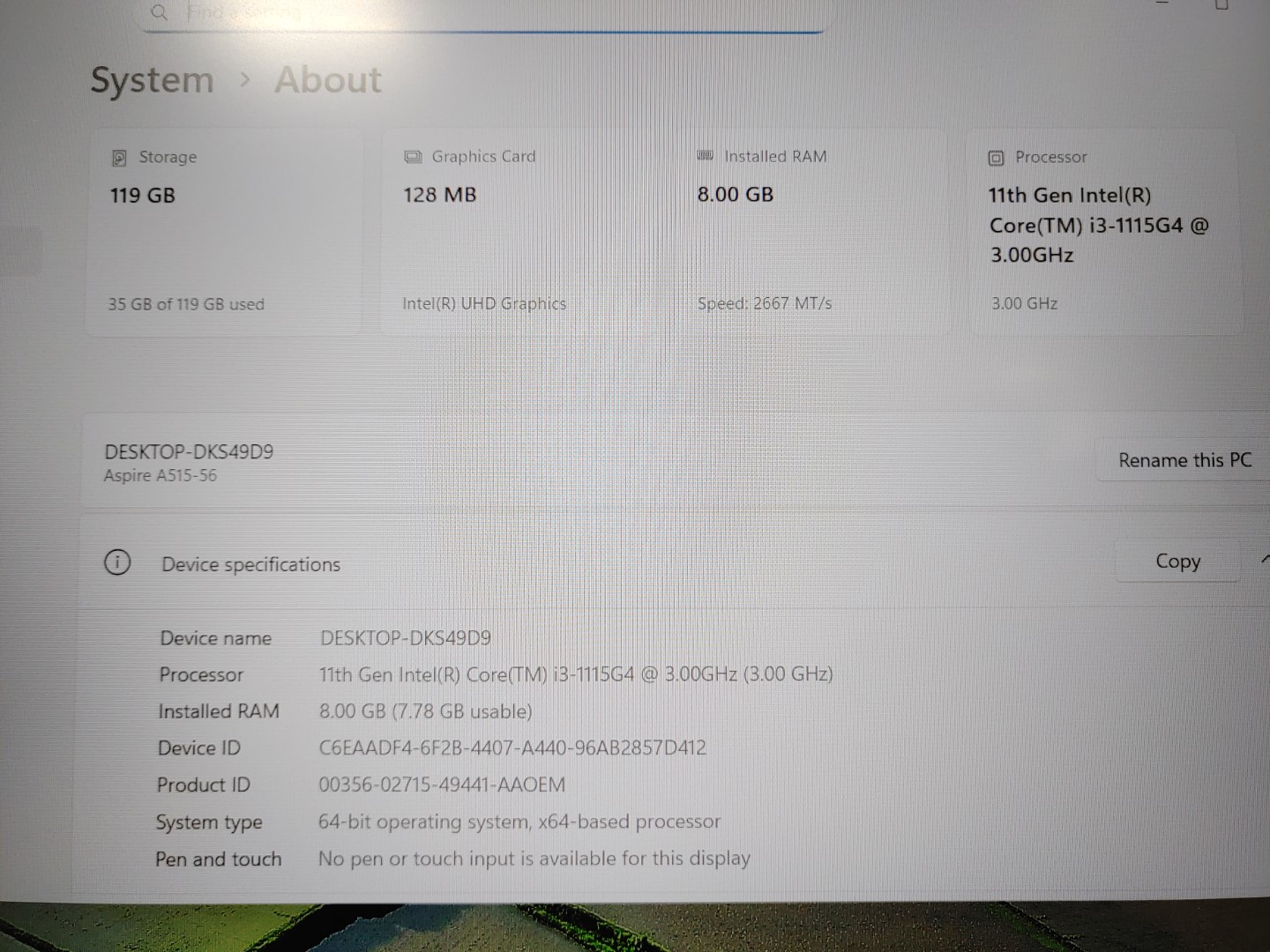 Acer Aspire 5 A515-56 15.6" Intel i3-1115G4✔8GB RAM✔128GB NVMe✔Win11✔ *NO A/C*** - Image 8