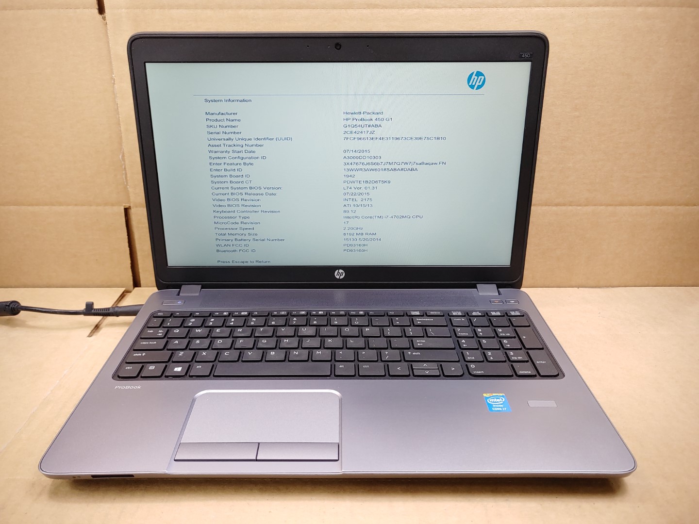HP ProBook 450 G1 15.6" Intel i7-4702MQ✔8GB✔ **NO HDD/NO AC** **READ**