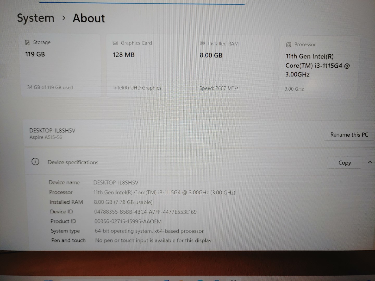 Acer Aspire 5 A515-56 15.6" Intel i3-1115G4✔8GB RAM✔128GB NVMe✔Win11✔ **NO A/C** - Image 9