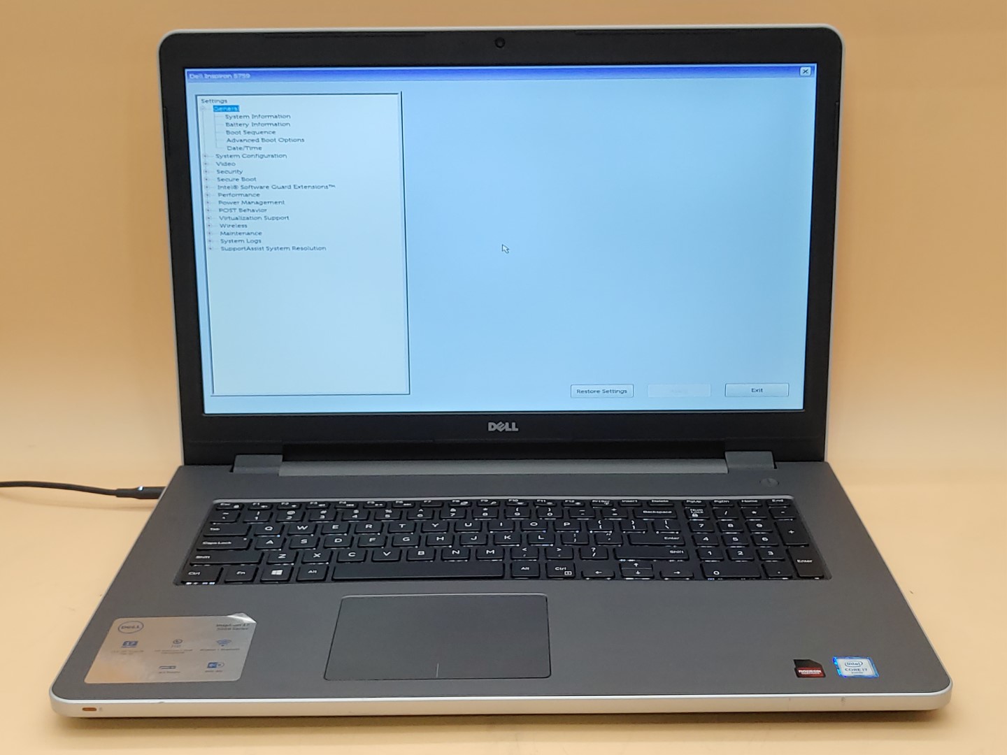 Dell Inspiron 5759 17.3" Intel i7-6500U 8GB *NO HDD/NO OS/NO AC* **BAD BATTERY**