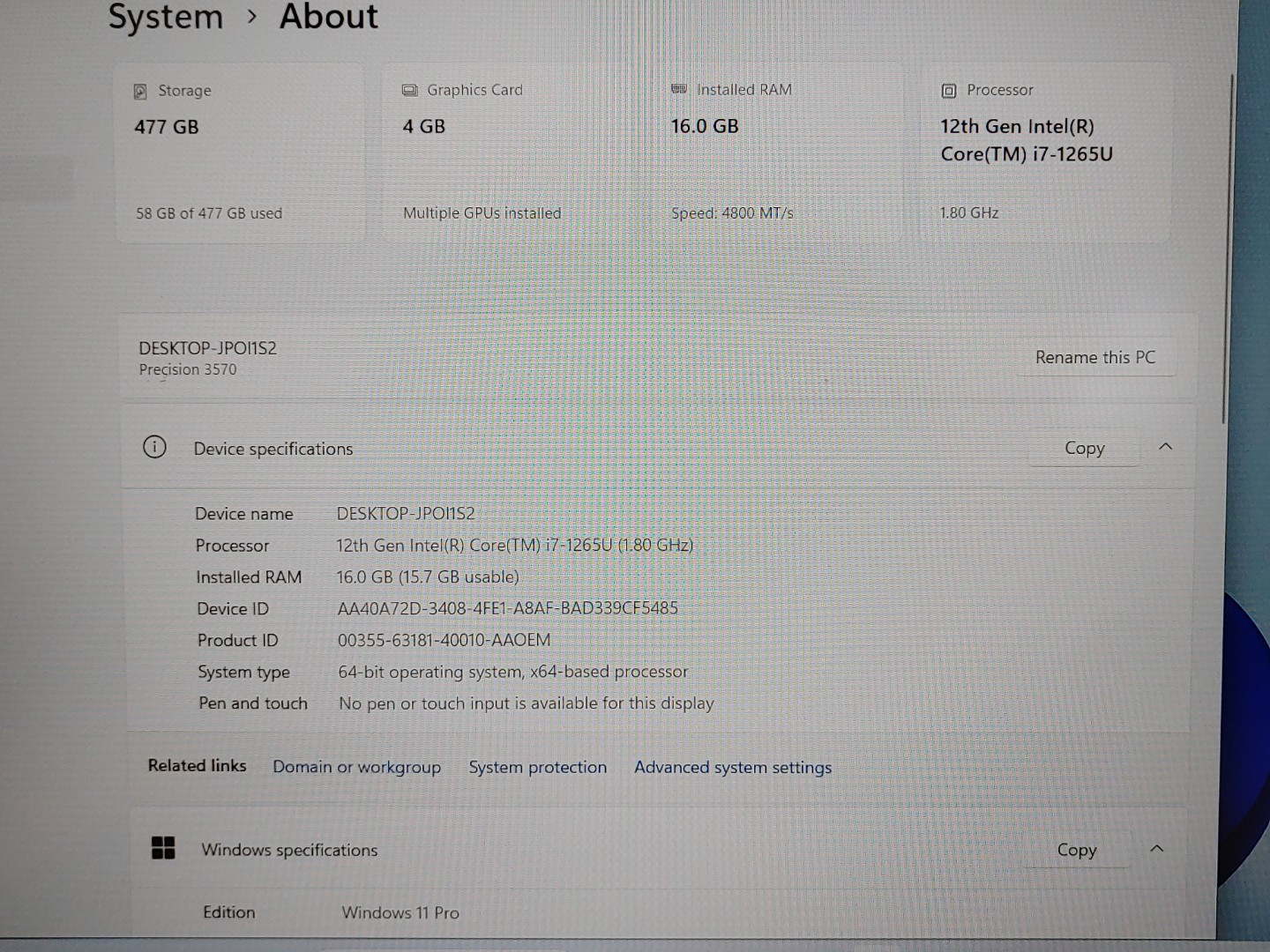 Dell Precision 3570 15.6" i7-1265U 16GB 512GB NVIDIA T550 Win11 *NO A/C* *READ* - Image 9