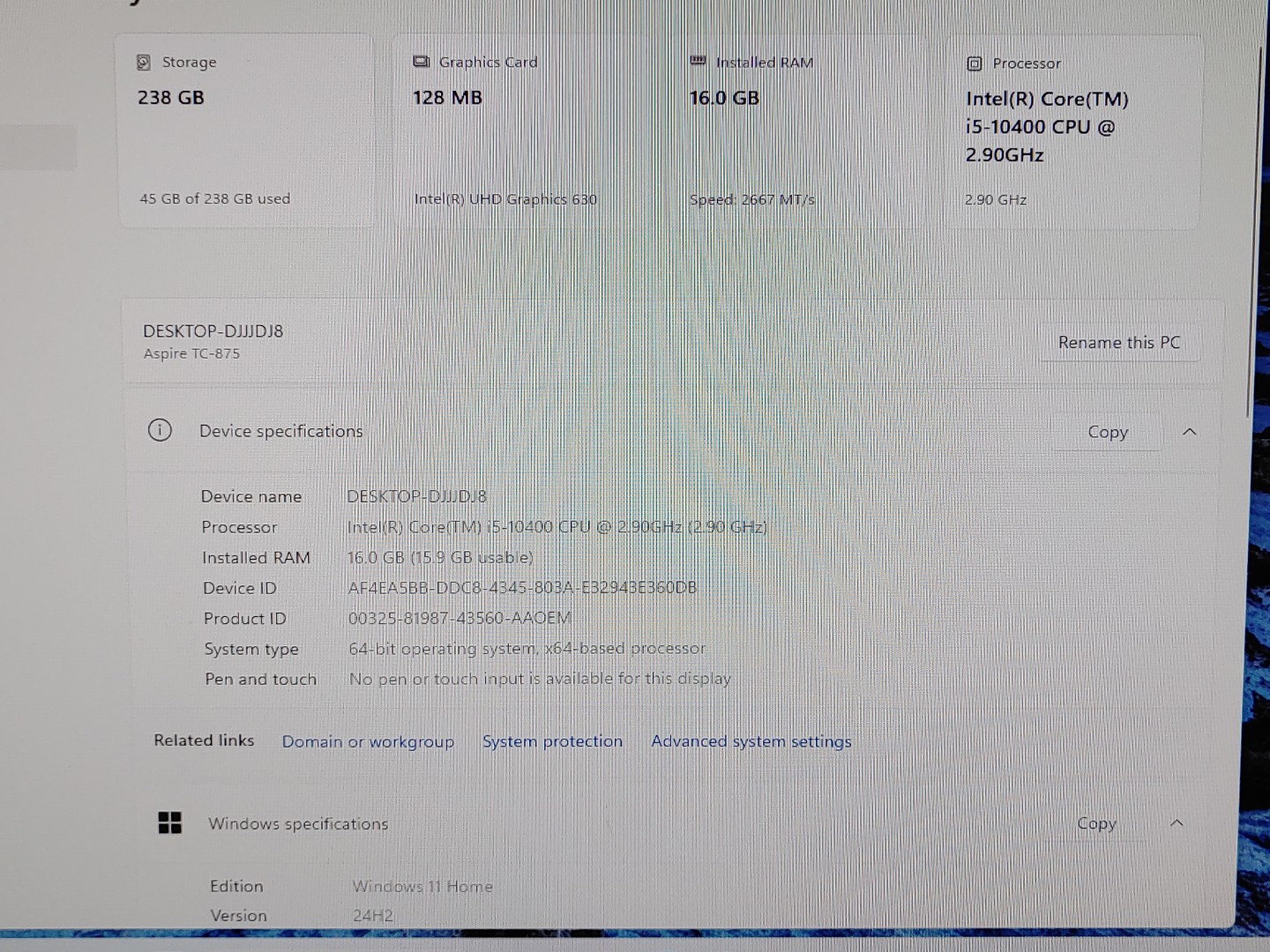 Acer Aspire TC-875 Desktop Intel i5-10400 16GB RAM 256GB NVMe SSD Win11 Wi-Fi - Image 8