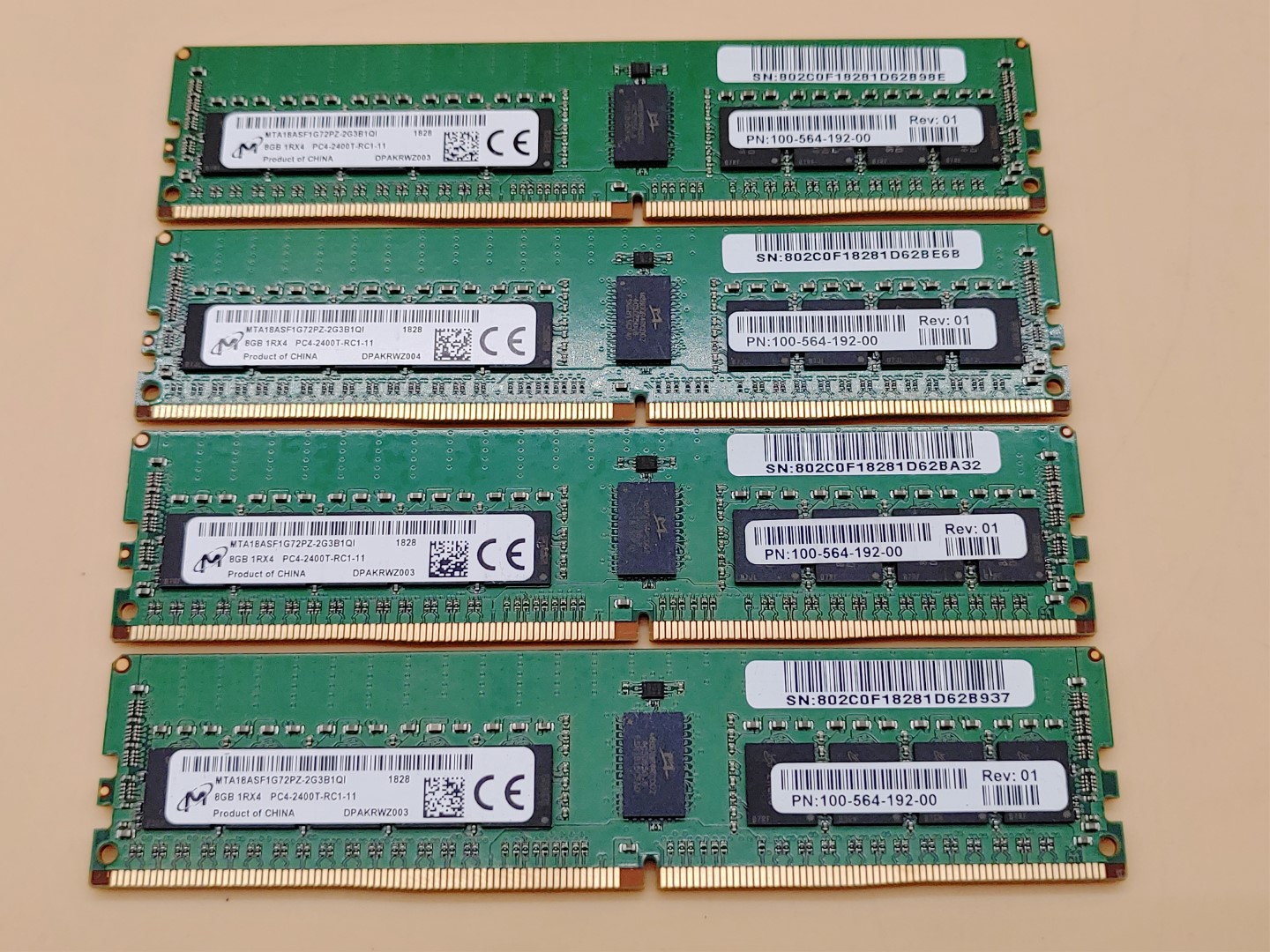 Micron 8GB 1RX4 PC4-2400T DDR4 MTA18ASF1G72PZ-2G3B1QI Server Memory - LOT of (4)
