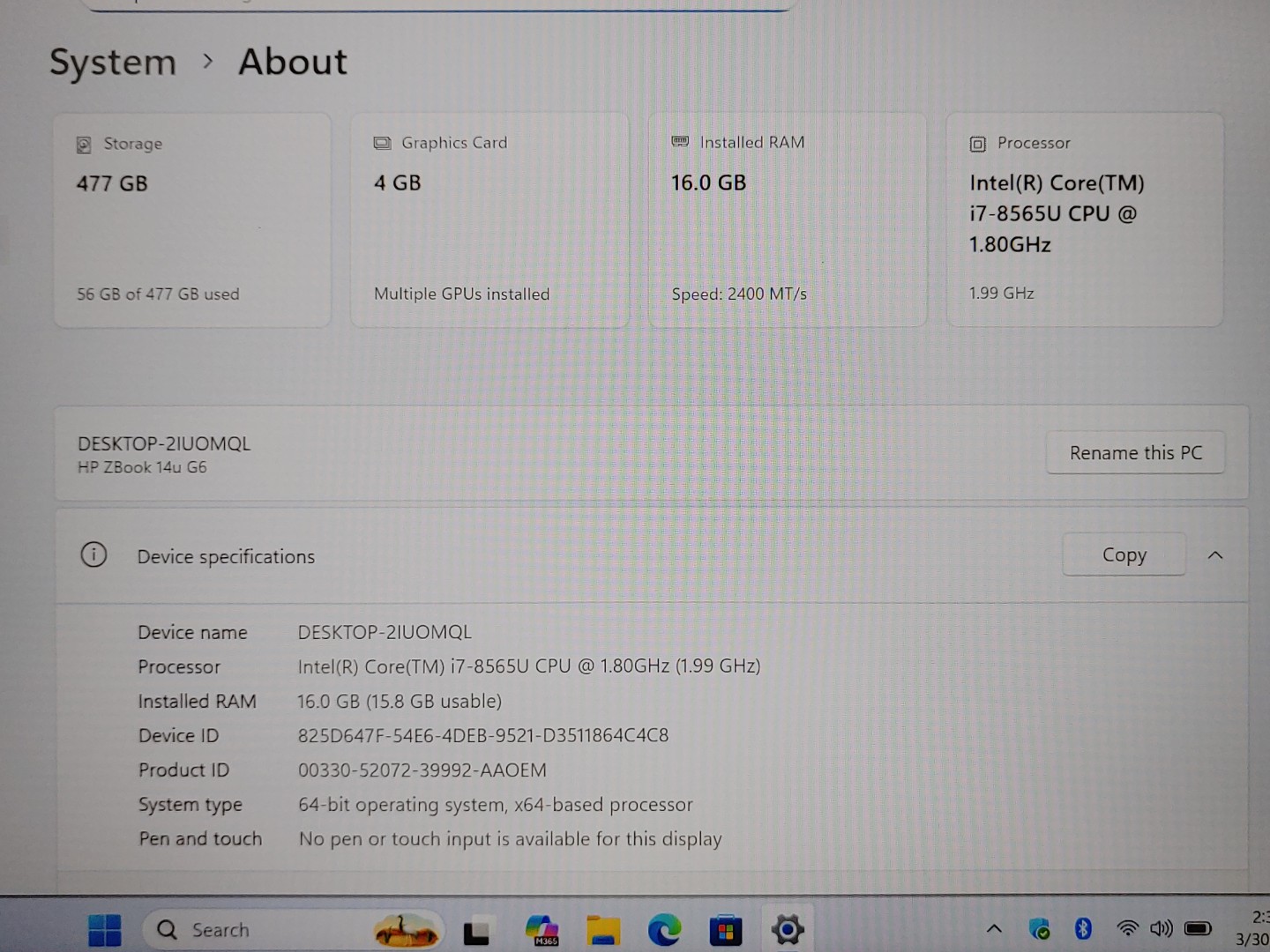 HP ZBook 14u G6 14" Intel i7-8565U 16GB 512GB SSD Win11 WX3200 *NO A/C* *READ* - Image 10