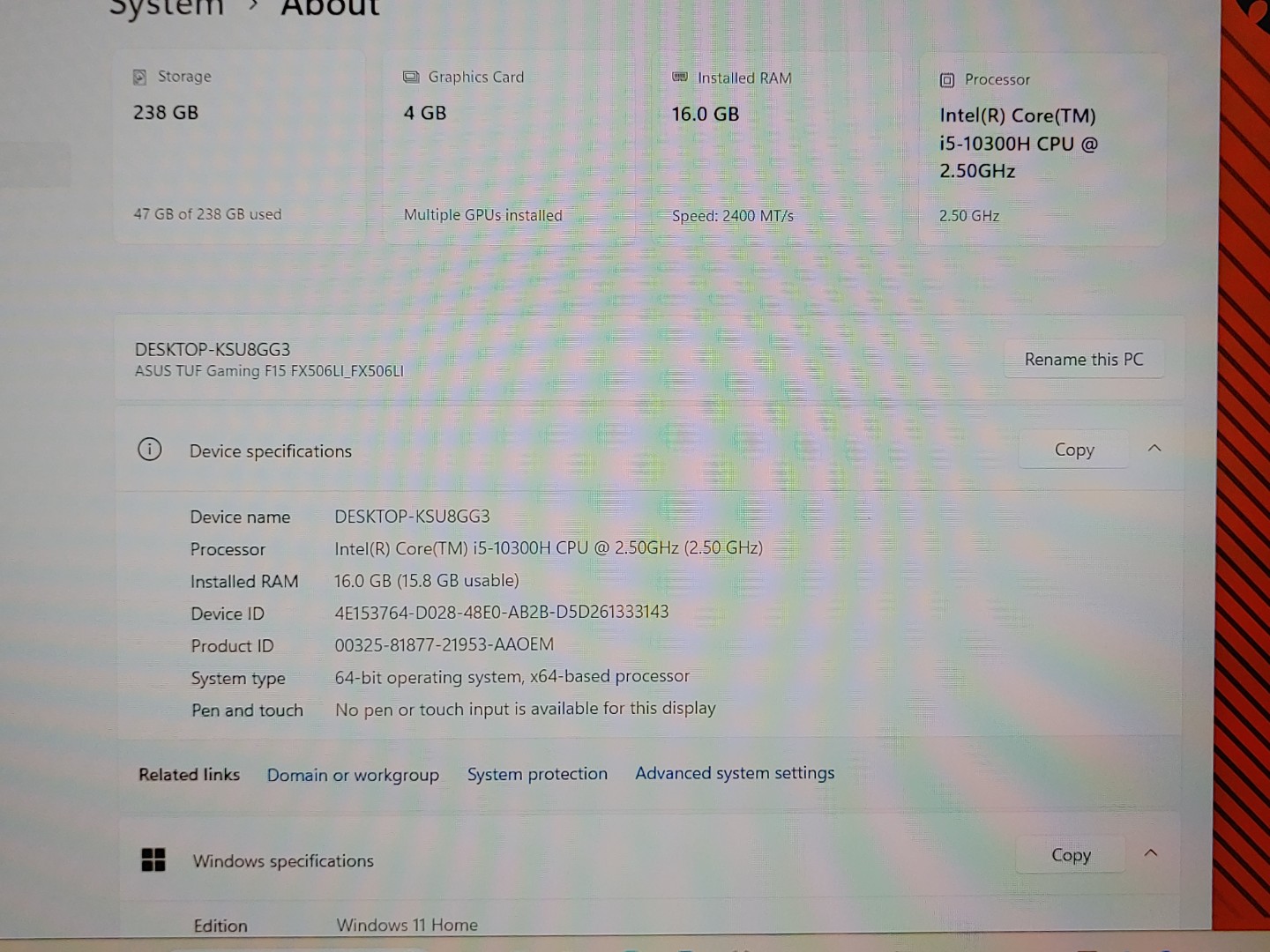 Asus TUF Gaming F15 FX506LI 15.6" Intel i5-10300H 16GB 256GB Win11 GTX 1650 Ti - Image 9