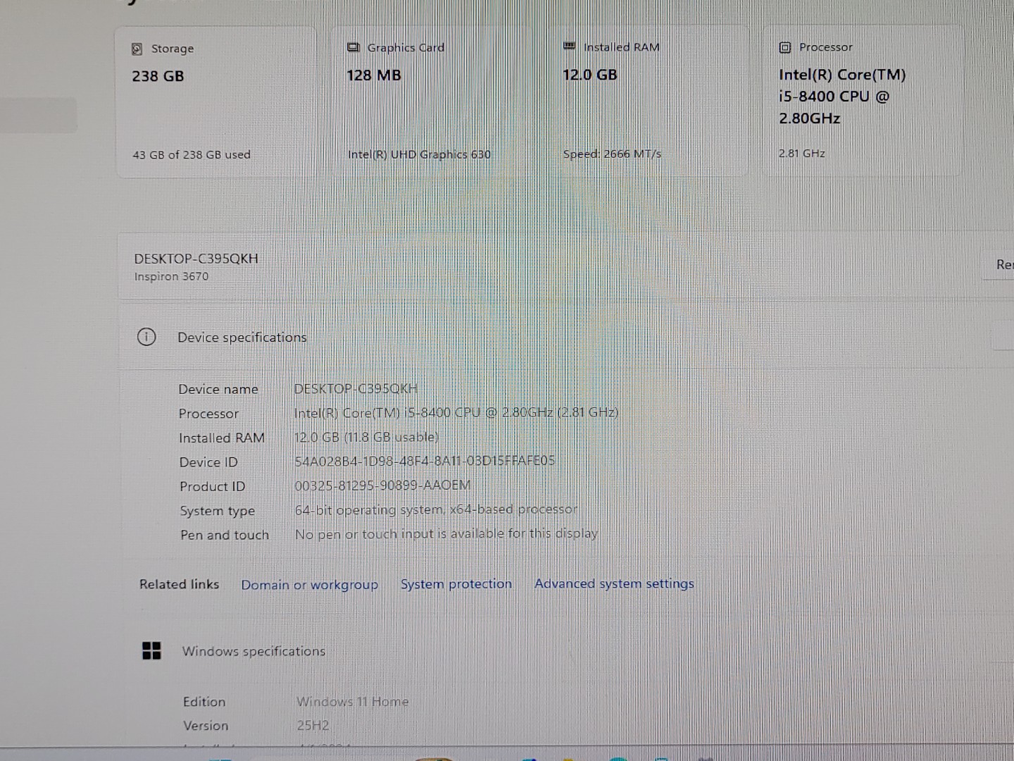 Dell Inspiron 3670 Desktop Intel i5-8400 12GB 256GB SSD Windows11Home Wi-Fi HDMI - Image 8