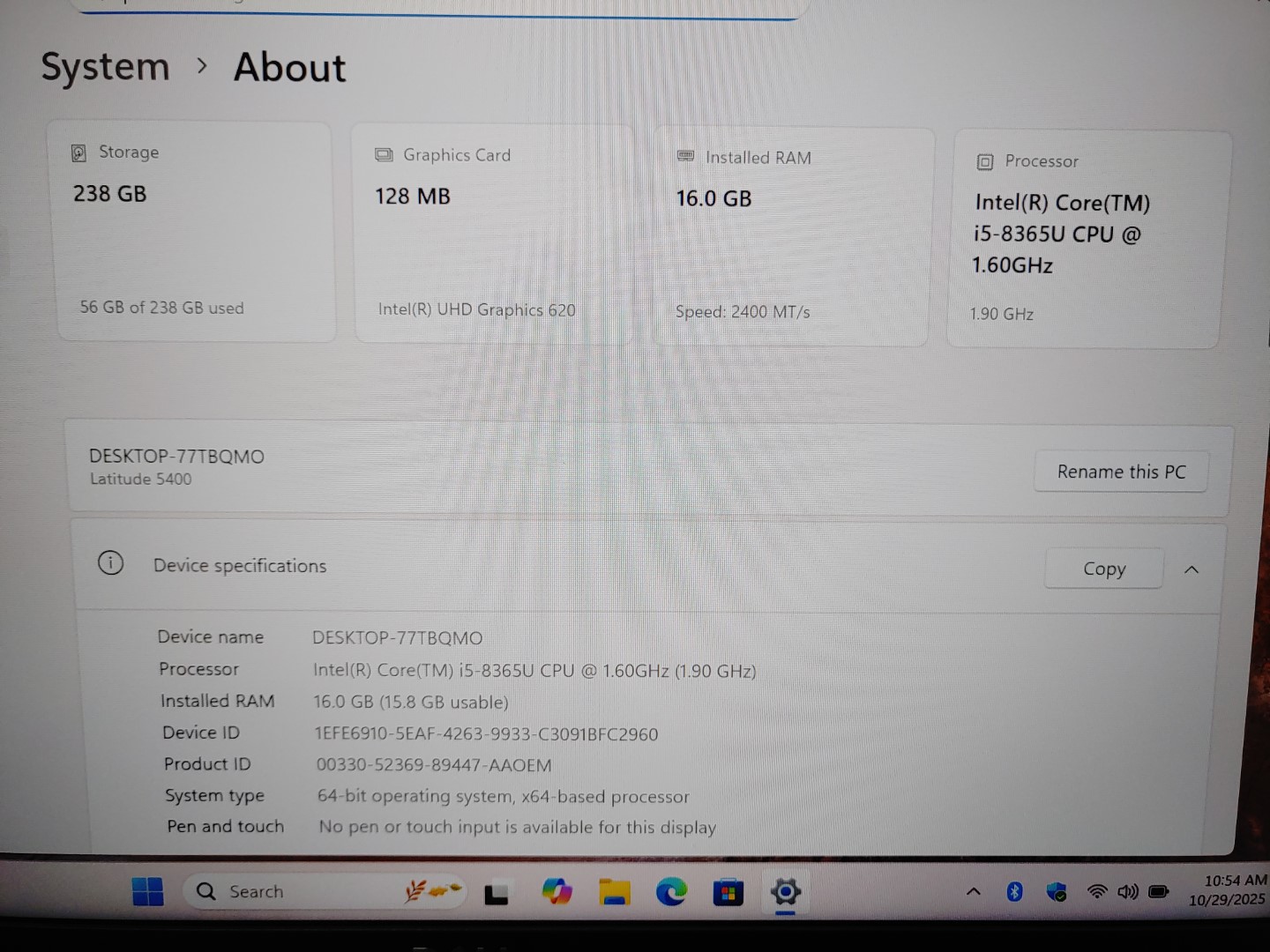 Dell Latitude 5400 14" Intel i5-8365U 16GB RAM 256GB SSD Windows11Pro **NO A/C** - Image 8