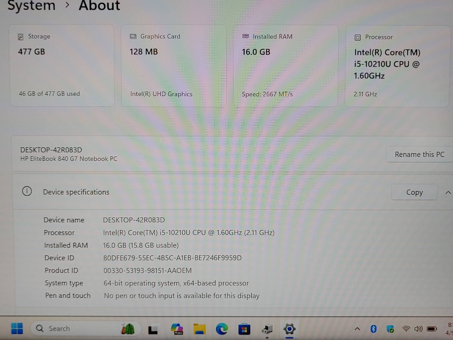 HP EliteBook 840 G7 14-inch Intel i5-10210U 16GB 512GB Windows11Pro **NO A/C** - Image 9