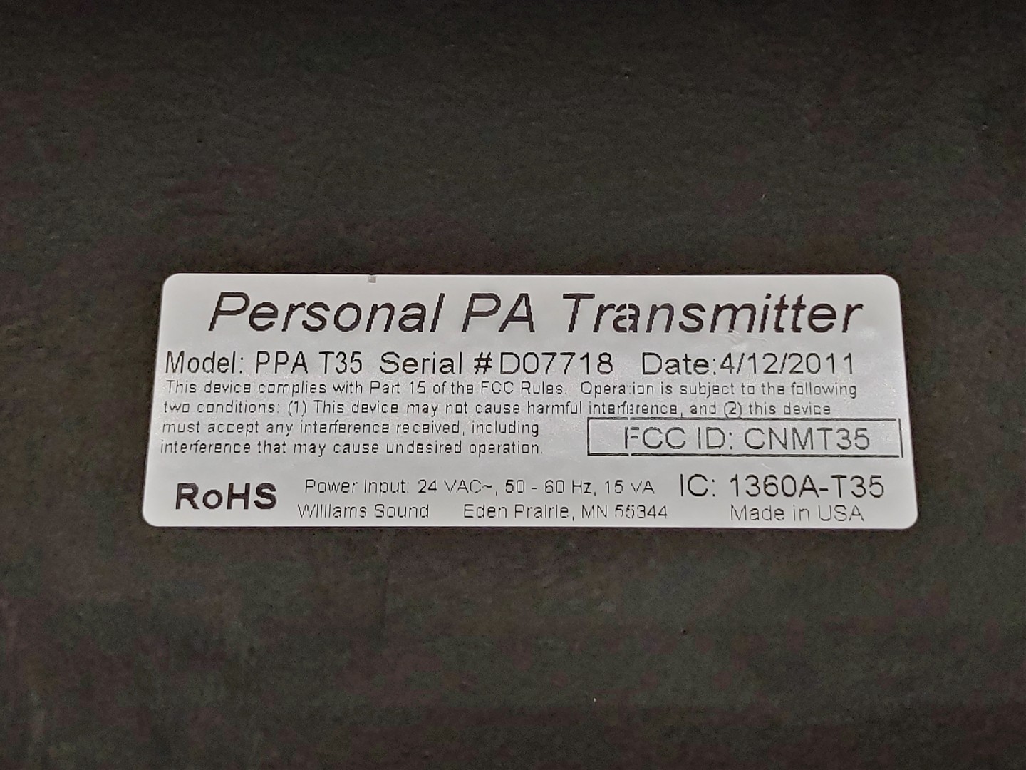 Williams Sound PPA T35 Personal PA Transmitter w/ OEM Power Adapter + Antenna - Image 11