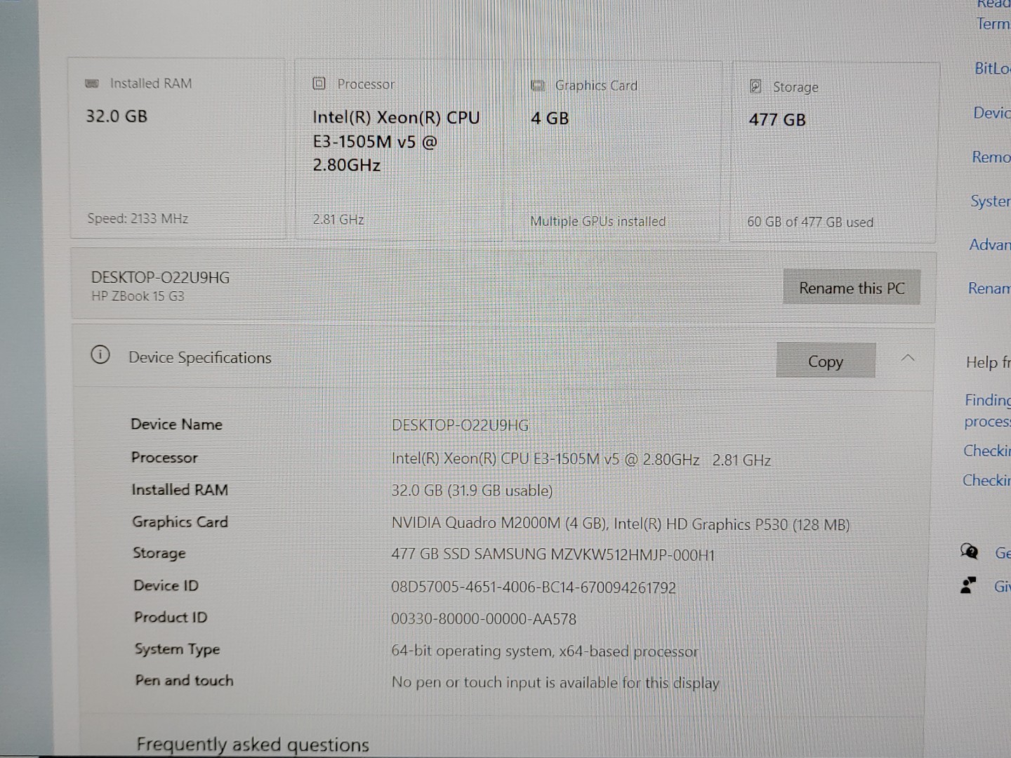 HP ZBook 15 G3 Intel Xeon E3-1505M v5 32GB RAM 512GB M2000M Win10Pro **NO A/C** - Image 9