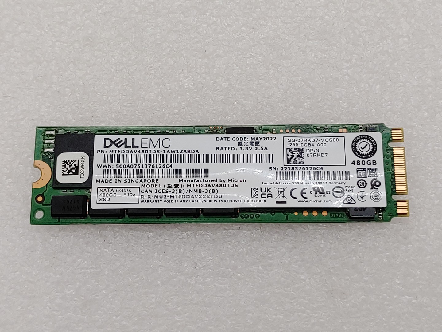 Dell EMC 480GB MTFDDAV480TDS 6Gbps Micron SATA RI M.2 SSD 5300 Pro (7RKD7)