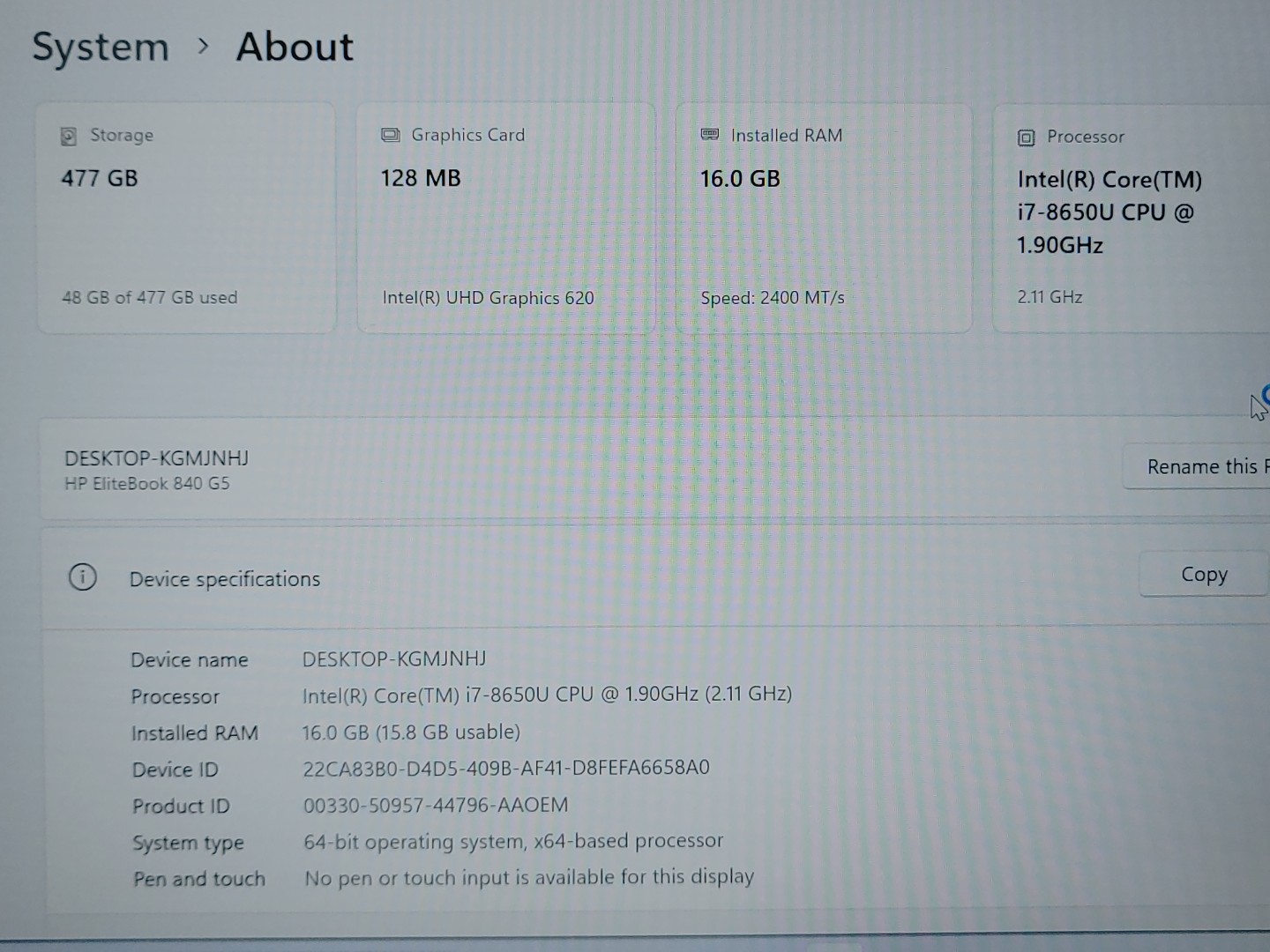 HP EliteBook 840 G5 14" Intel i7-8650U 16GB RAM 512GB SSD Windows11Pro w/ A/C - Image 10