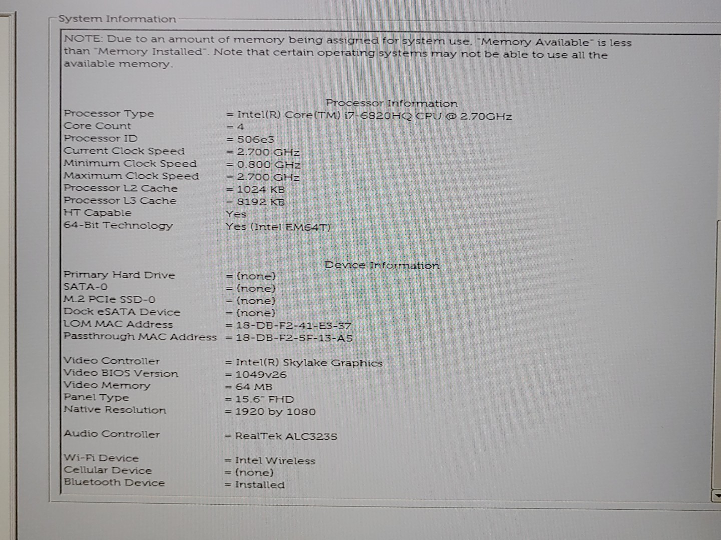 Dell Precision 7510 15.6" i7-6820HQ 32GB Quadro M2000M ***NO HDD/NO OS/NO AC* - Image 10