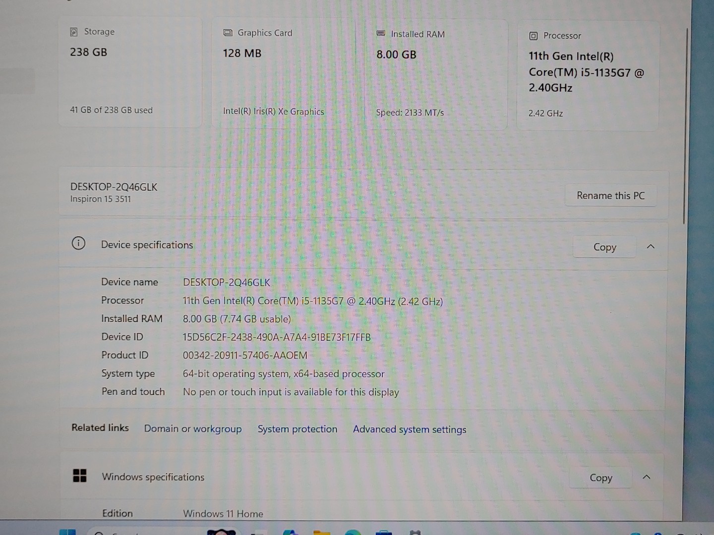 Dell Inspiron 15 3511 Intel i5-1135G7 8GB RAM 256GB SSD Win11Home **NO A/C** - Image 9