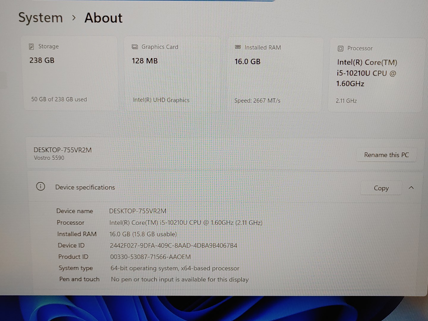 Dell Vostro 5590 15.6" Intel i5-10210U 16GB 256GB Windows11Pro **NO A/C** *READ* - Image 9