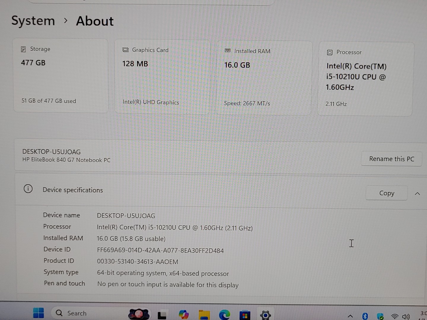 HP EliteBook 840 G7 14" Intel i5-10210U 16GB 512GB Win11Pro **NO BATT/ NO AC** - Image 8