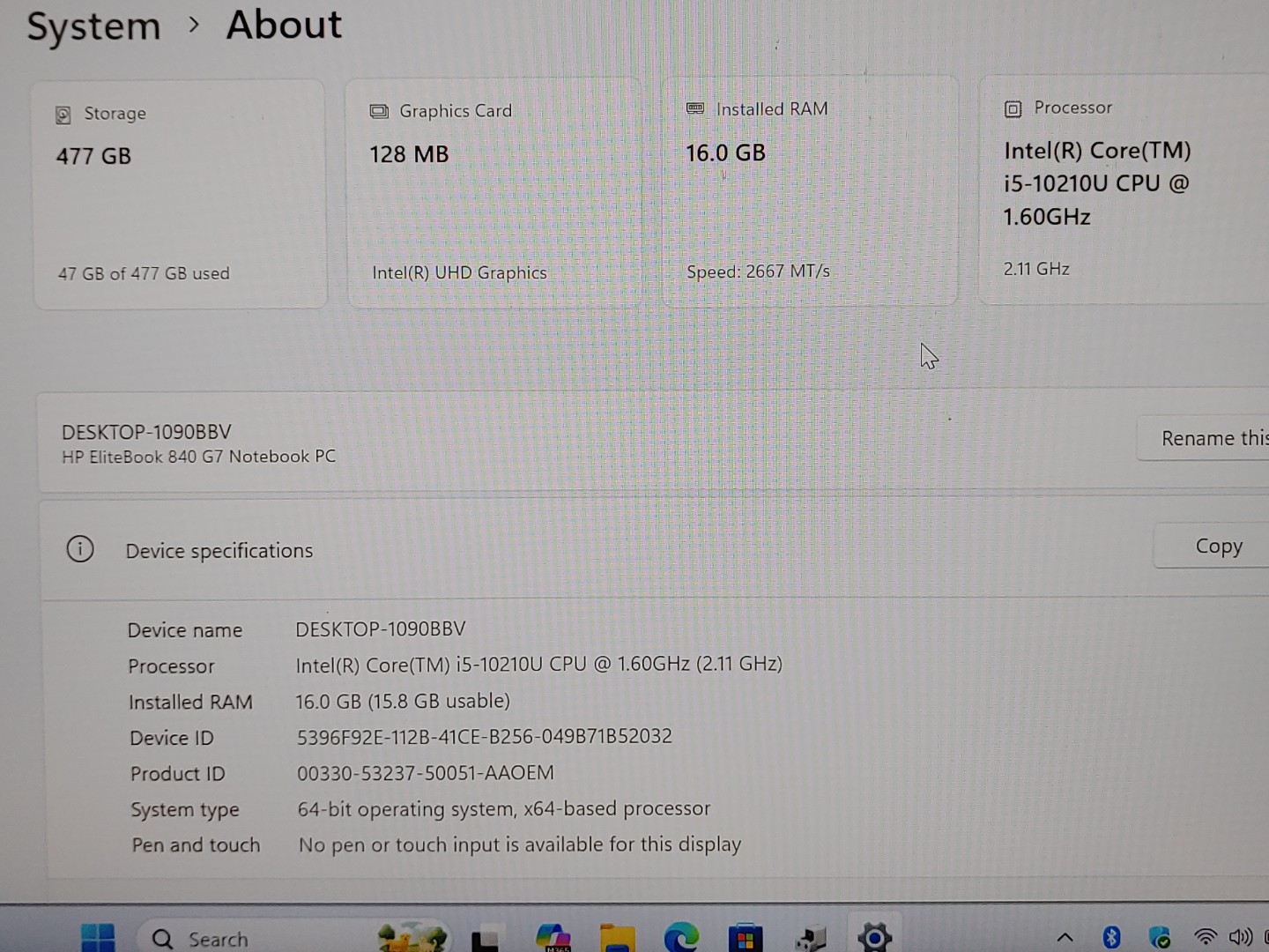 HP EliteBook 840 G7 14-inch Intel i5-10210U 16GB 512GB Win11Pro *NO A/C* **READ* - Image 10