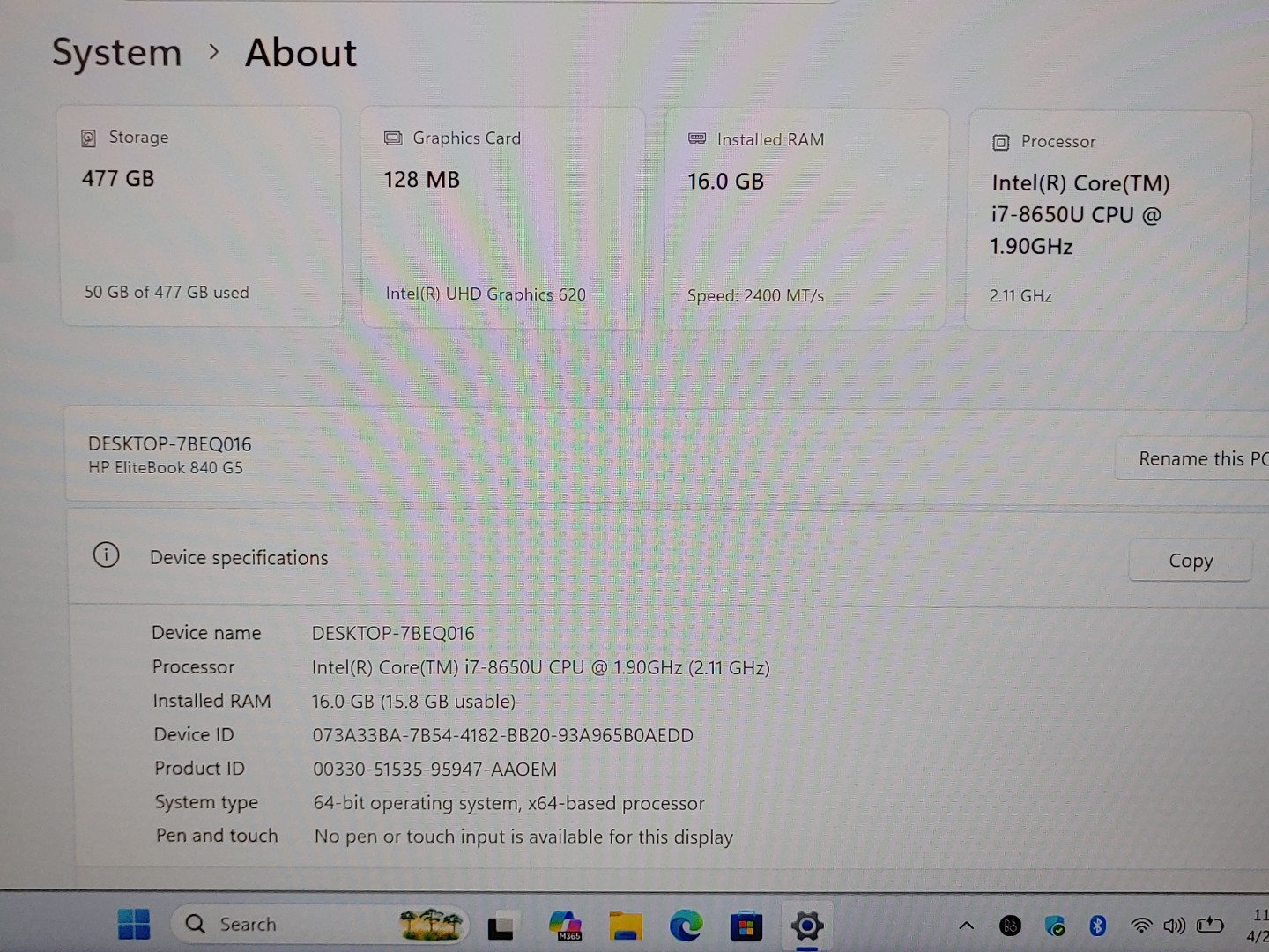 HP EliteBook 840 G5 14" Intel i7-8650U 16GB 512GB Win11Pro *BAD BATTERY* *NO A/C - Image 8