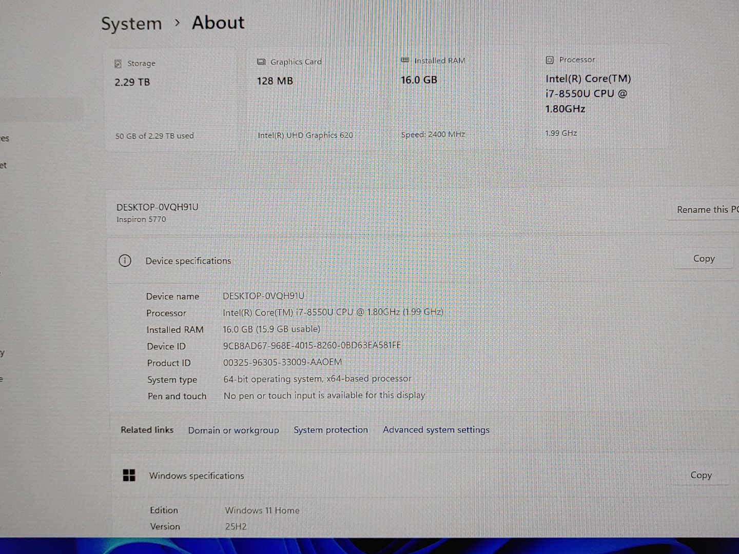 Dell Inspiron 5770 17.3" Intel i7-8550U 16GB 512GB NVMe + 2TB HDD Win11 *NO A/C* - Image 8