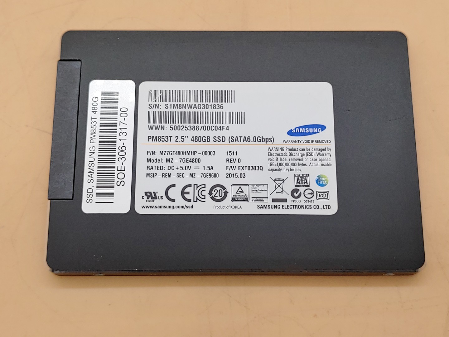 Samsung PM853T 480GB 6Gb/s TLC SATA 2.5'' SSD MZ7GE480HMHP-00003 (96% Health)
