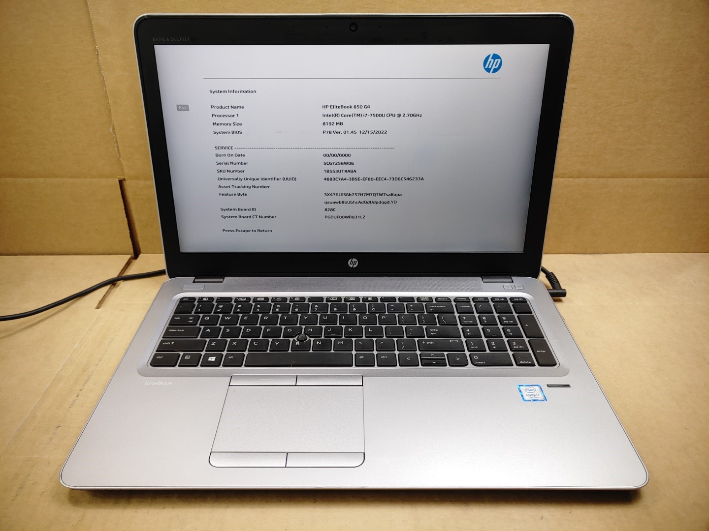 HP EliteBook 850 G4 15.6" Intel i7-7500U✔ *NO RAM/NO SSD/NO HDD/NO AC* *READ***