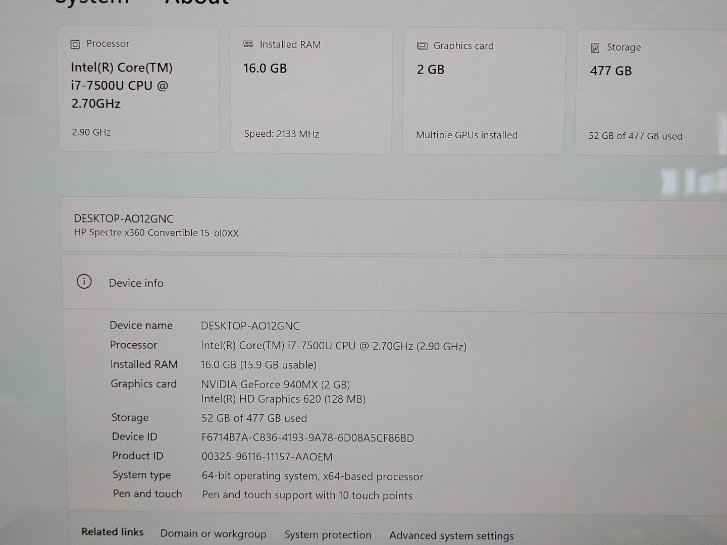HP Spectre x360 15-bl012dx 15.6" Intel i7-7500U 16GB 512GB 940MX *NO A/C* *READ* - Image 9