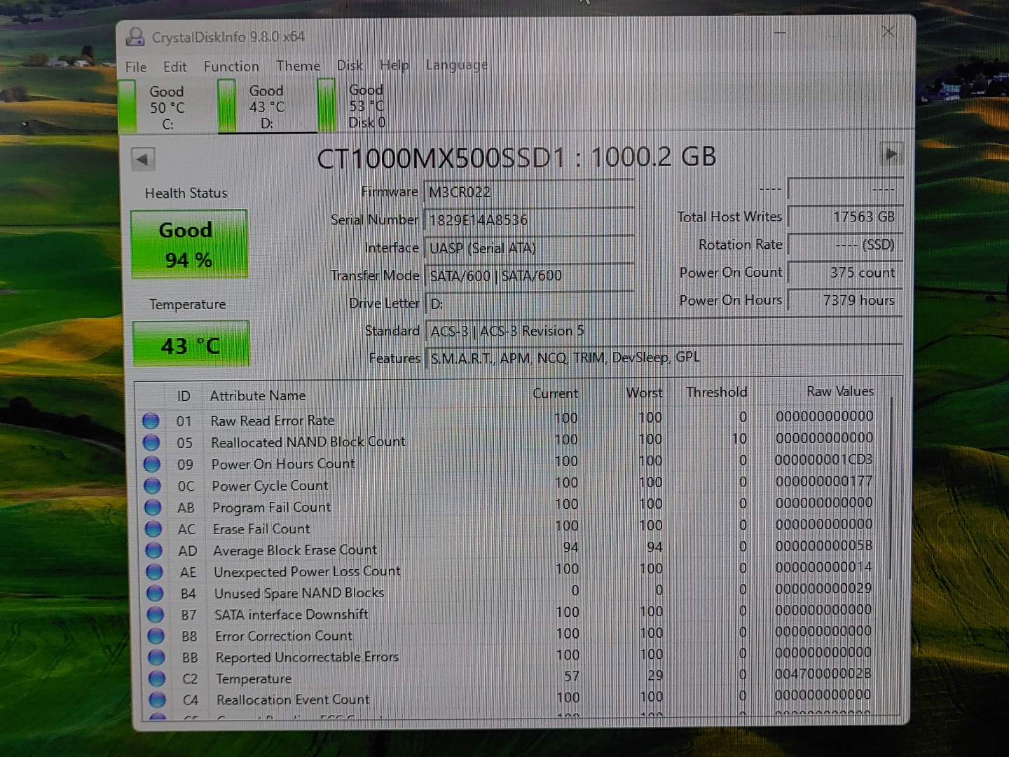 Crucial MX500 1000GB 2.5" SATA 6Gb/s Internal SSD CT1000MX500SSD1 (94% Health) - Image 2