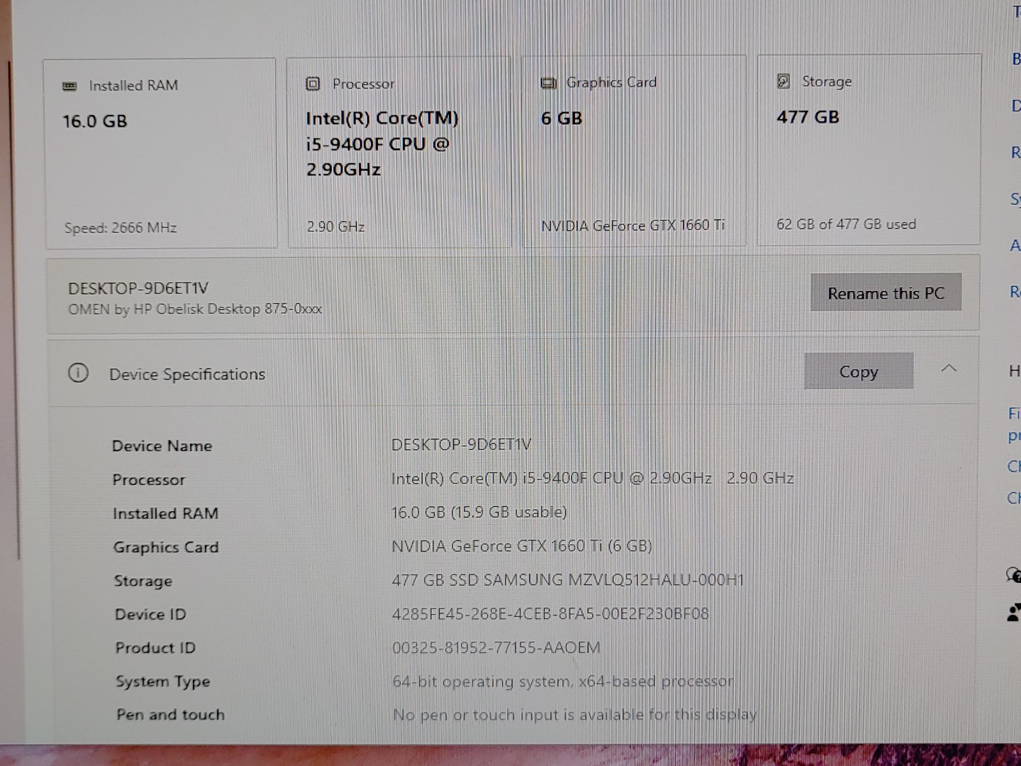 HP OMEN Obelisk 875-0141 Gaming PC Intel i5-9400F 16GB 512GB GTX 1660 Ti Win10 - Image 8