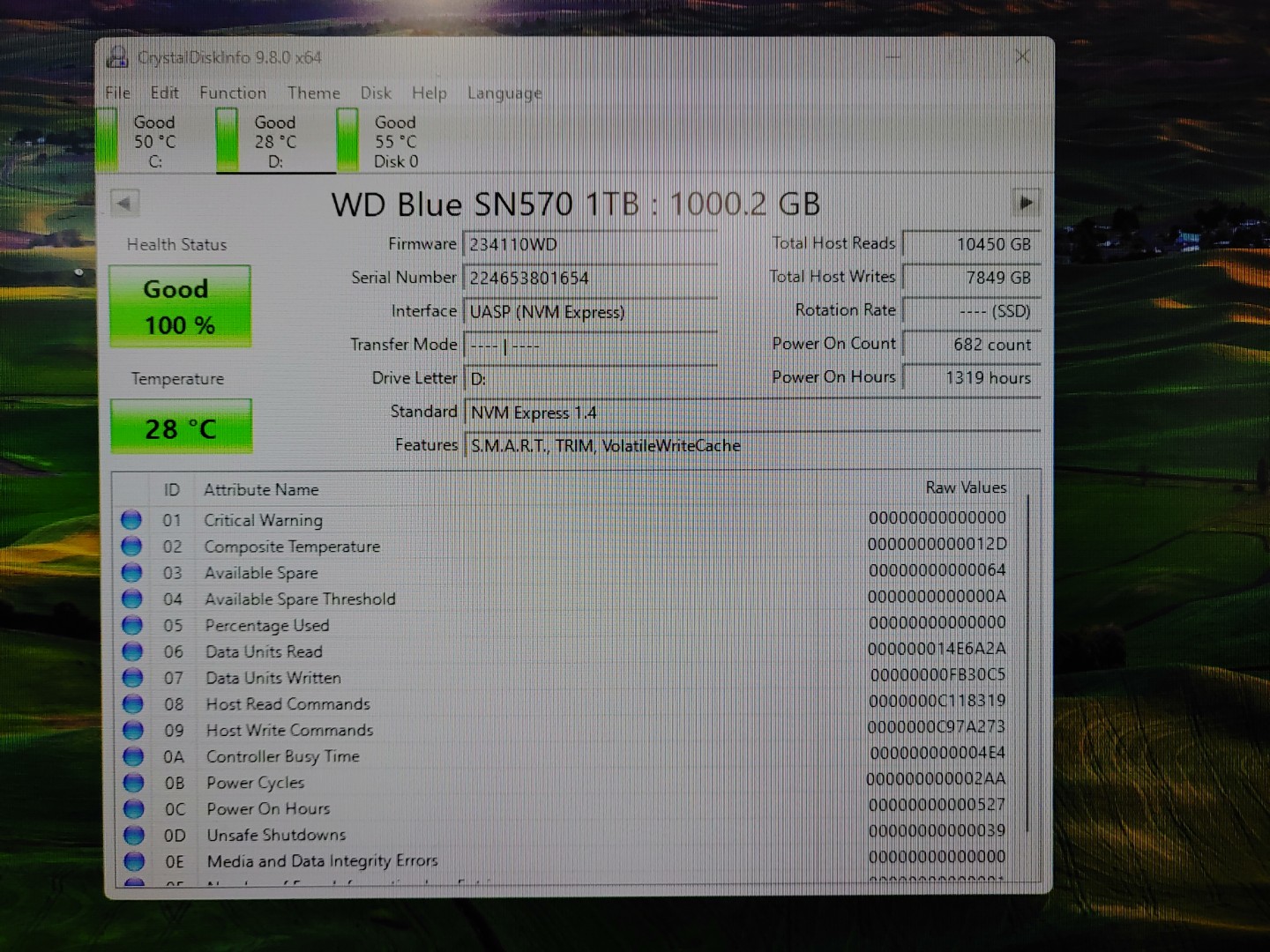 Western Digital WD Blue SN570 1TB NVMe M.2 2280 SSD WDS100T3B0C (100% Health) - Image 2