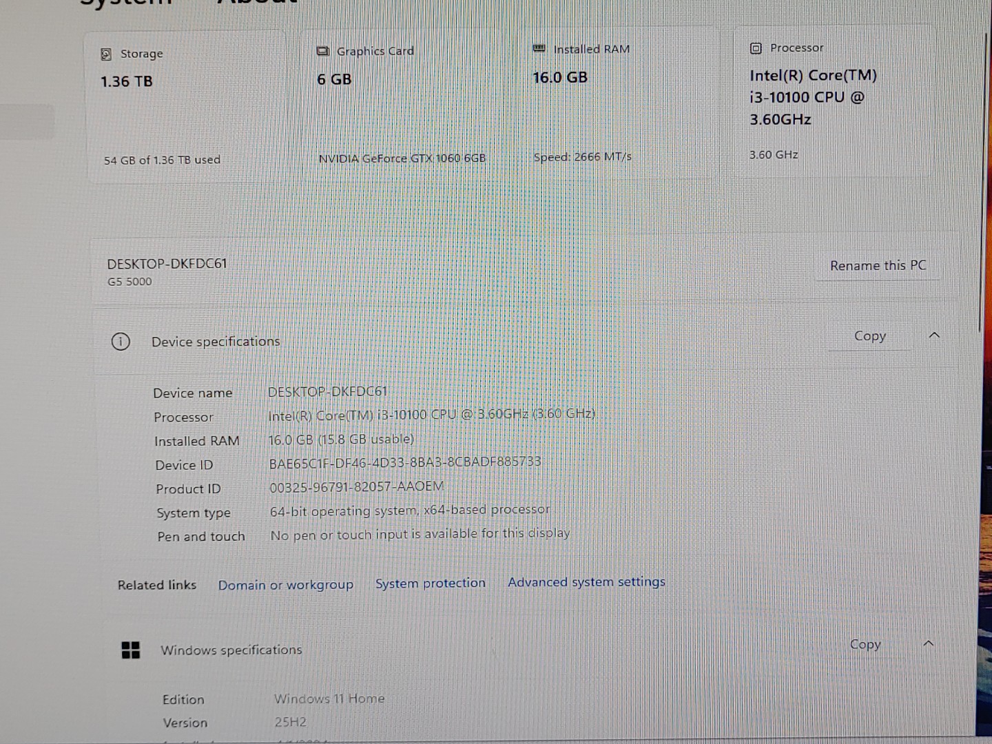 Dell G5 5000 Desktop Intel i3-10100 16GB 500GB SSD + 1TB HDD GTX 1060 Win11Home - Image 8