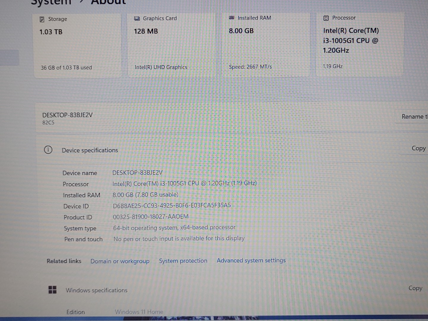 Lenovo V15-IIL 15.6" Intel i3-1005G1 8GB 128GB SSD + 1TB HDD Win11Home *NO A/C* - Image 8